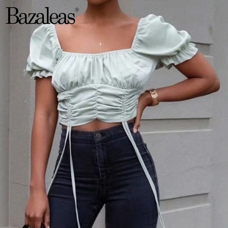 Элегантная укороченная блузка Bazaleas с двойным шнурком Женская мода 2019 дворцовая