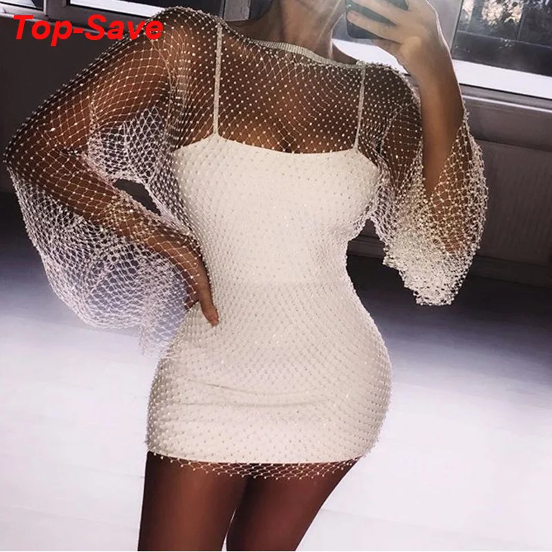 

Wholesale Shiny Rhinestones Sequin Fishnet Women Mini Dress Sexy Long Sleeve Mesh Hollow Out Transparent Party Clubwear Dresses