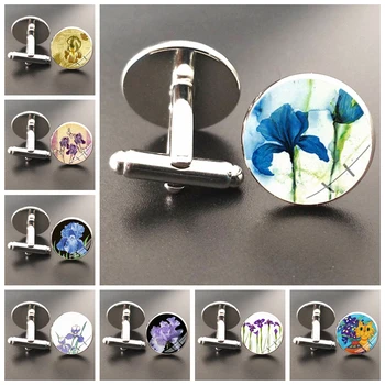 

Blue Iris Flower Orchid Cufflinks Vintage Purple Iris Flower Glass Cabochon Shirt Cufflinks for Women