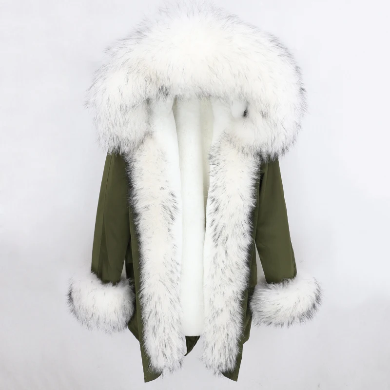 green white Пальто из натурального меха, Водонепроницаемый длинная парка новая зимняя куртка Для женщин из натурального меха енота, меховой капюшон, воротник манжеты теплая верхняя одежда в уличном стиле - Цвет: green white