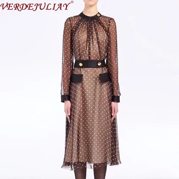 

VERDEJULIAY Runway Black polka dots Dress 2020 Spring Autumn Fashion Full Lantern Sleeve Vintage Dress Print Long With Lining