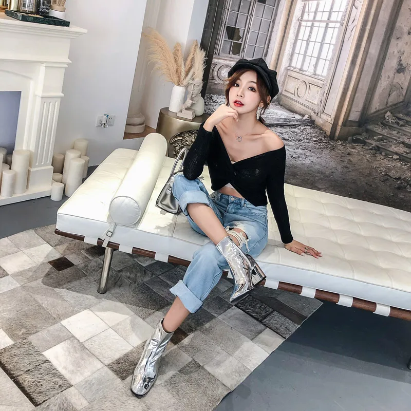 XGRAVITY New Spring Winter Fashion Round Toe Silver High Heel Chunky Shoes High Heel Woman Boots Warm Ladies Shoes S084