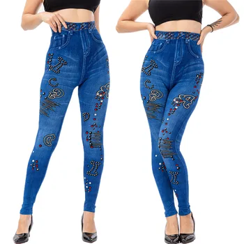 

Women Fashion Imitation Denim Jeans Ladies Plus Size Leggings Casual High Waist Slim Elastic Pencil Pants