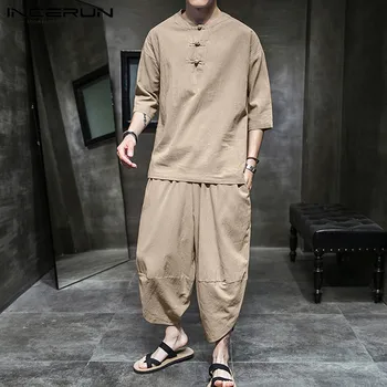 

INCERUN Mens Ethnic Suits Vintage Cotton Sets Half Sleeve Round Neck Blouse Calf Length Pants Suits Leisure Solid Color Sets 5XL