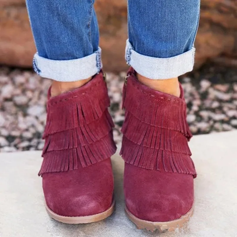 Houlife Fashion Solid Color Suede Autumn Women Shorts Boots Tassel Pointed Toe Low Heel Side Zipper Ankle Boots Female Shoes