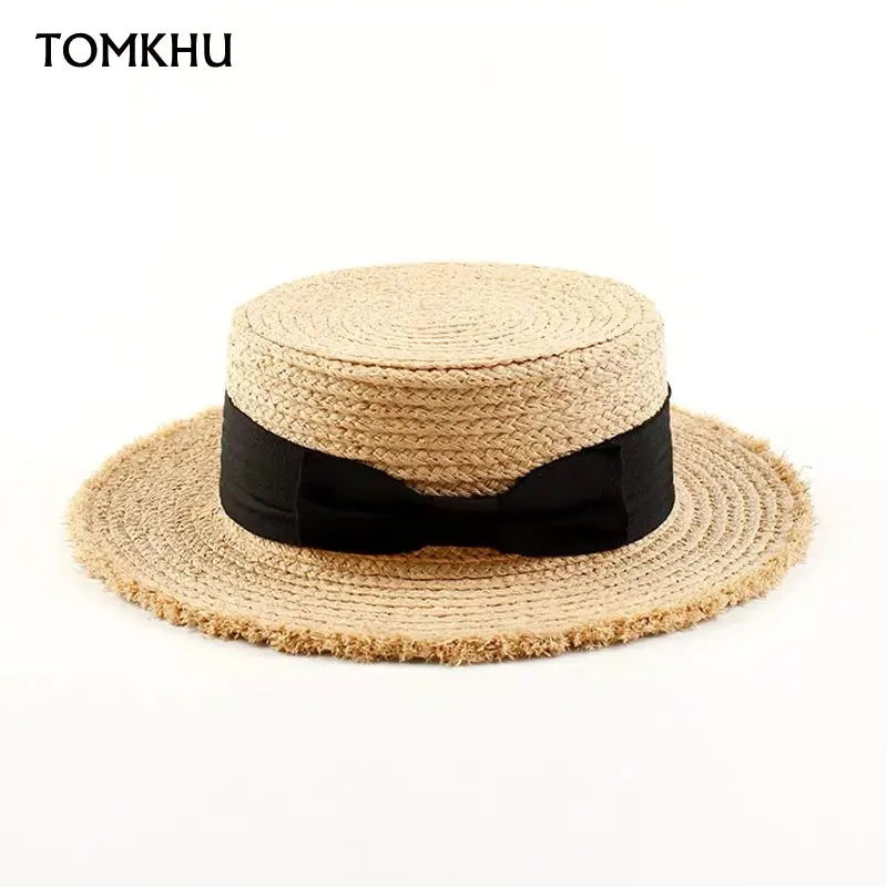 

Hot Sale Handmade Women Summer Sun Caps Beach Travel Raffia Panama Straw Hat Black Ribbon Temperament Flat Straw Hats Outdoor
