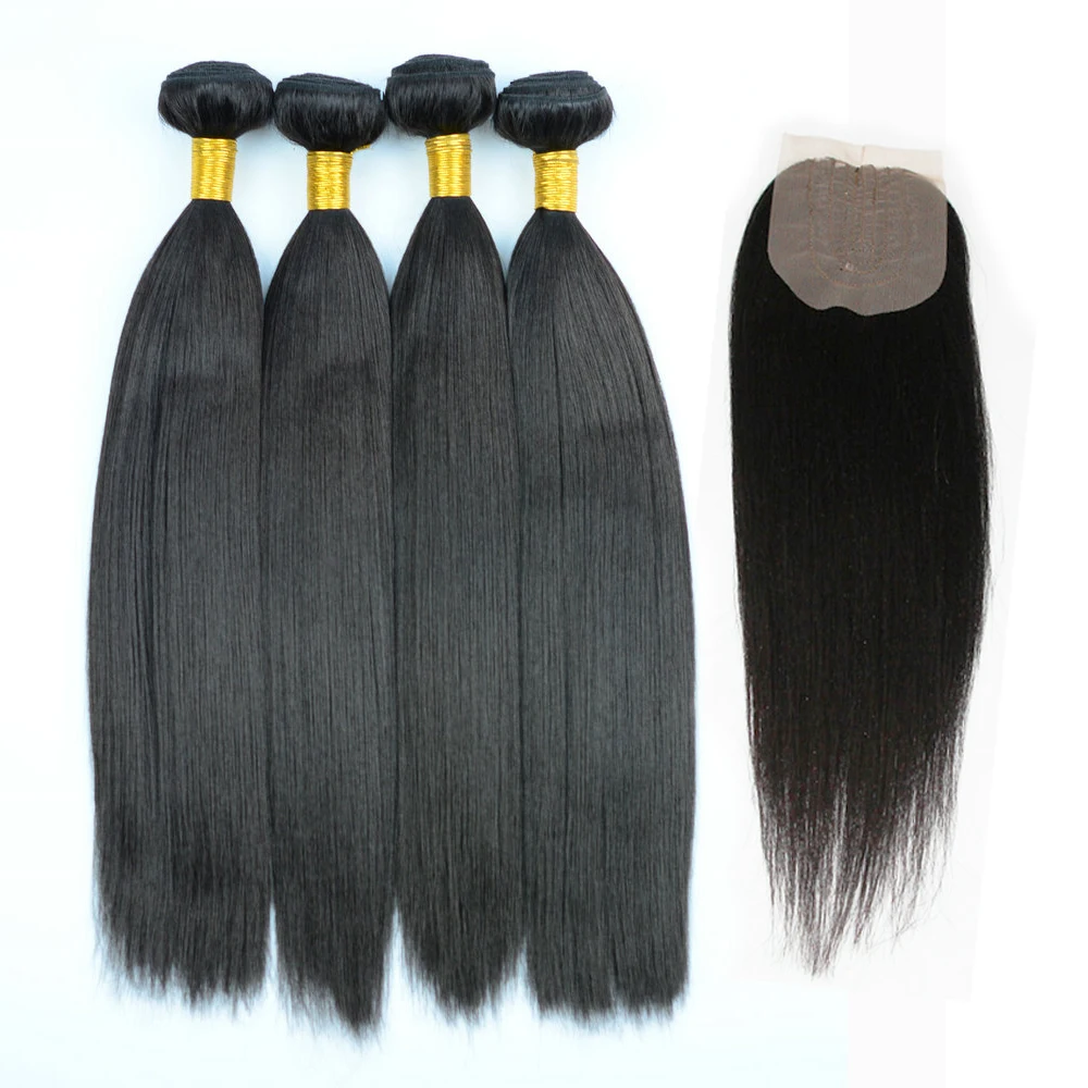 Soft Silk Yaki Straight Heat Resistant Fiber Hair Weaves With Free