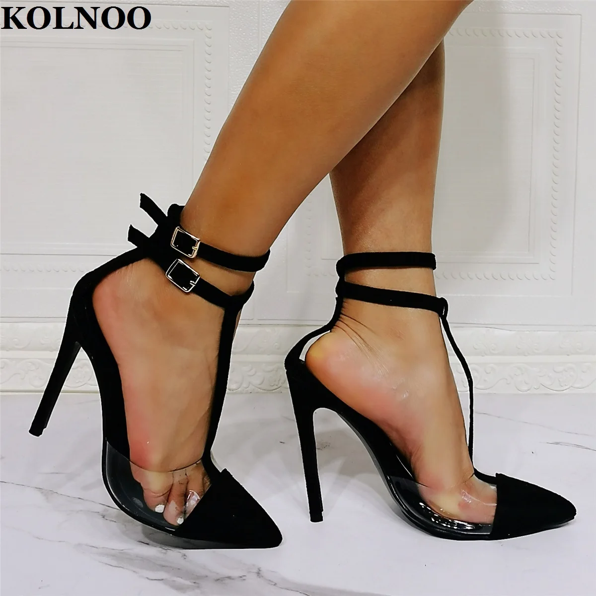 

KOLNOO Handmade Real Photos Ladies High Heeled Sandals Double Buckle Straps Kid-Suede PVC Party Prom Fashion Daily Wear Shoes