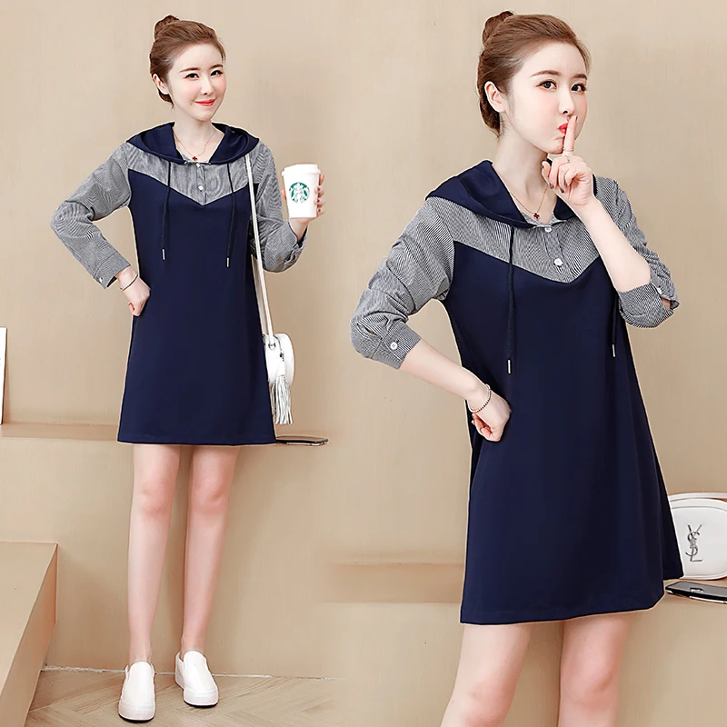 

plus size L-5XL Hoodies dress clothes XXL XXXL 3XL XXXXL 4XL stripe Patchwork slim Casual loose blouses blusas dresses for woman