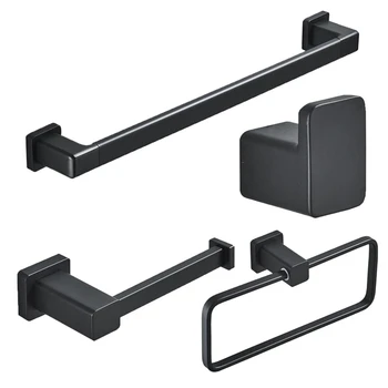 

4-Piece Bathroom Accessories Set Space Aluminum Wall Mount Black Towel Holder Robe Hook Toilet Roll Holder Bathroom Hardware Set