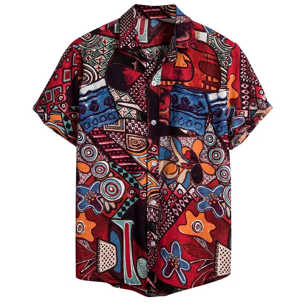 KLV Мужская Этническая короткий рукав Повседневная Хлопок Лен узор гавайская рубашка блузка ropa hombre elegante guayabera рубашка Camisa hombre 9819 - Цвет: Red