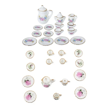 

15pcs Miniature Dollhouse Dinnerware Porcelain Tea Set Tableware Mug Plate with Pink flowers Pattern & 15pcs Rosebud Porcelain D