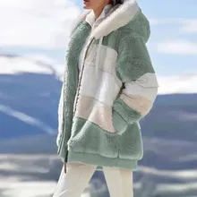 Women Jacket 2020 Winter Fashion Warm Plush Patchwork Zipper Pocket Hooded Jacket Lady Long Plus Size Long Sleeve Top Coat