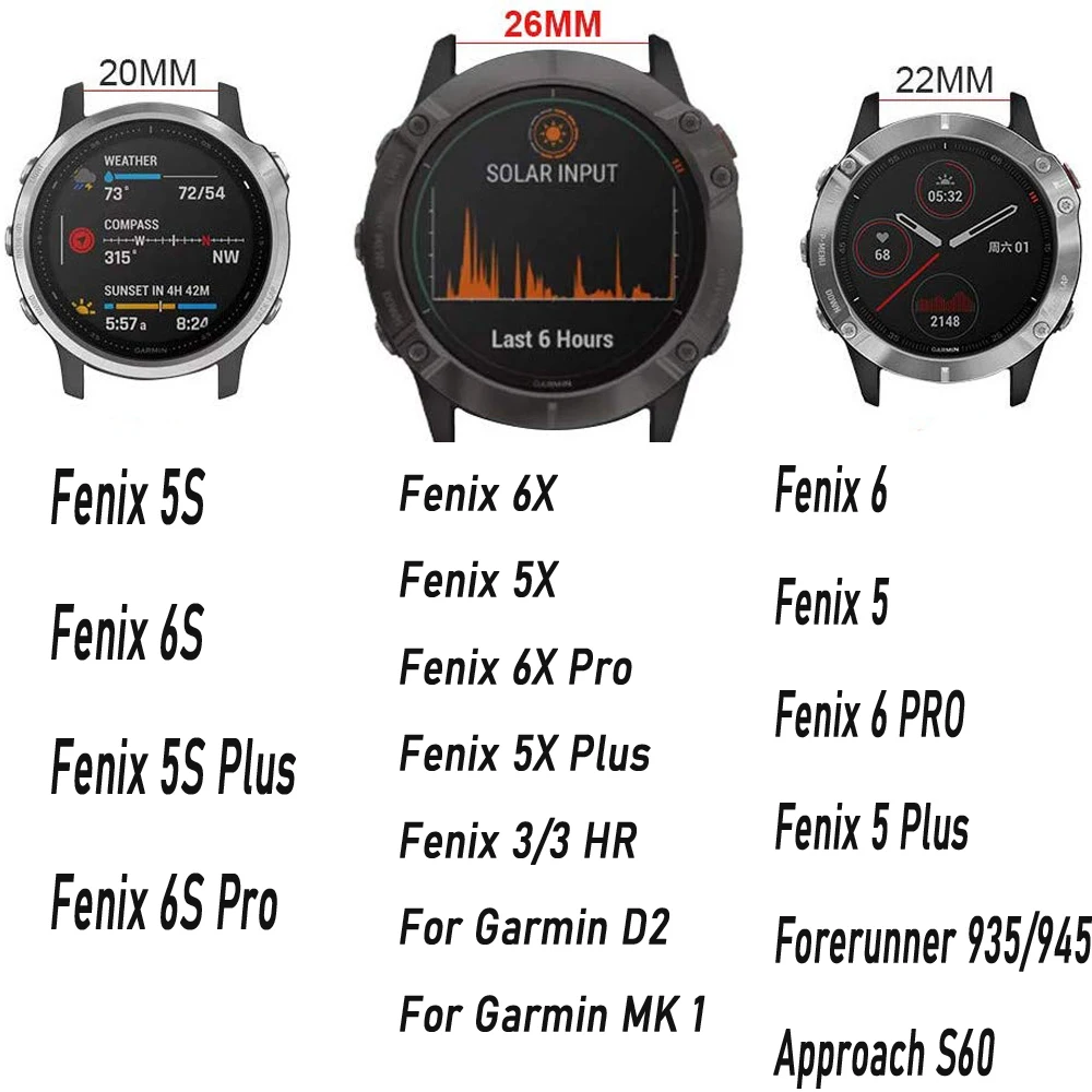 26 22 20MM 실리콘 스마트 시계 스트랩 Garmin Fenix ??6X 6 6SPro 5X 5 Plus 7X 7 EPIX 955 손목 밴드 Quick Easyfit 팔찌 Correa