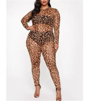 

Summer Boho Leopard Printed Long Sleeve Mesh Sheer Skinny Jumpsuits Clubwear Sexy See-Through Jumpsuits