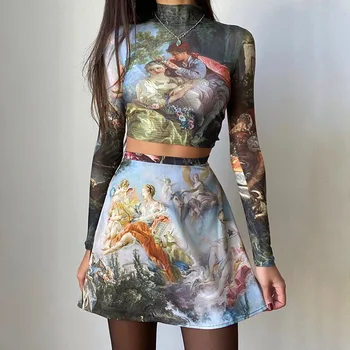

Vintage Female T-shirt Oil Painting Print Long Sleeve Women's Suit Harajuku High Waist Fashion Slim Mini Skirt Two Piece Suit