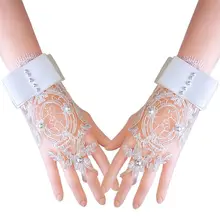 Женские свадебные кружевные перчатки без пальцев с цветочным узором, свадебные варежки с бантом и искусственным жемчугом