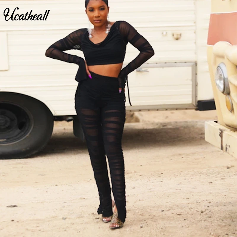 

Backless Mesh Two Piece Set Women Long Sleeve See Through T-shirt And Flare Pants Suits 2 Piece Outfit