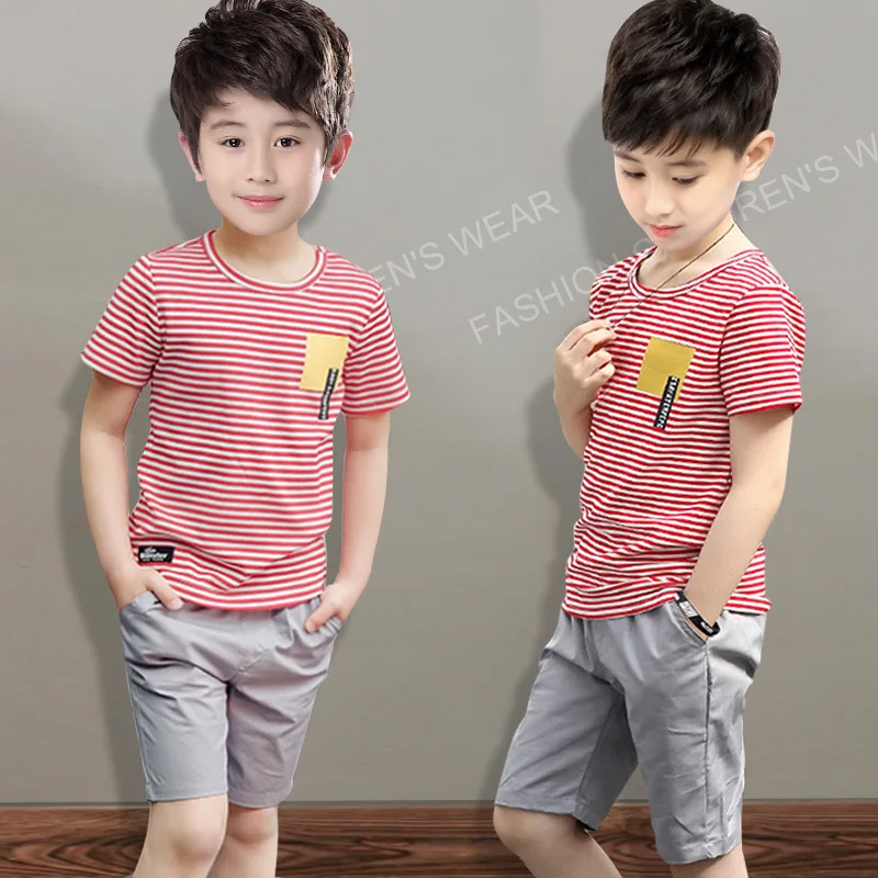 

BOY'S Summer Wear 2019 New Style 5 Stripes Suit 6 Children Summer 9 Childrenswear 9-Year-Old Big Boy Short Sleeve Two-Piece Set