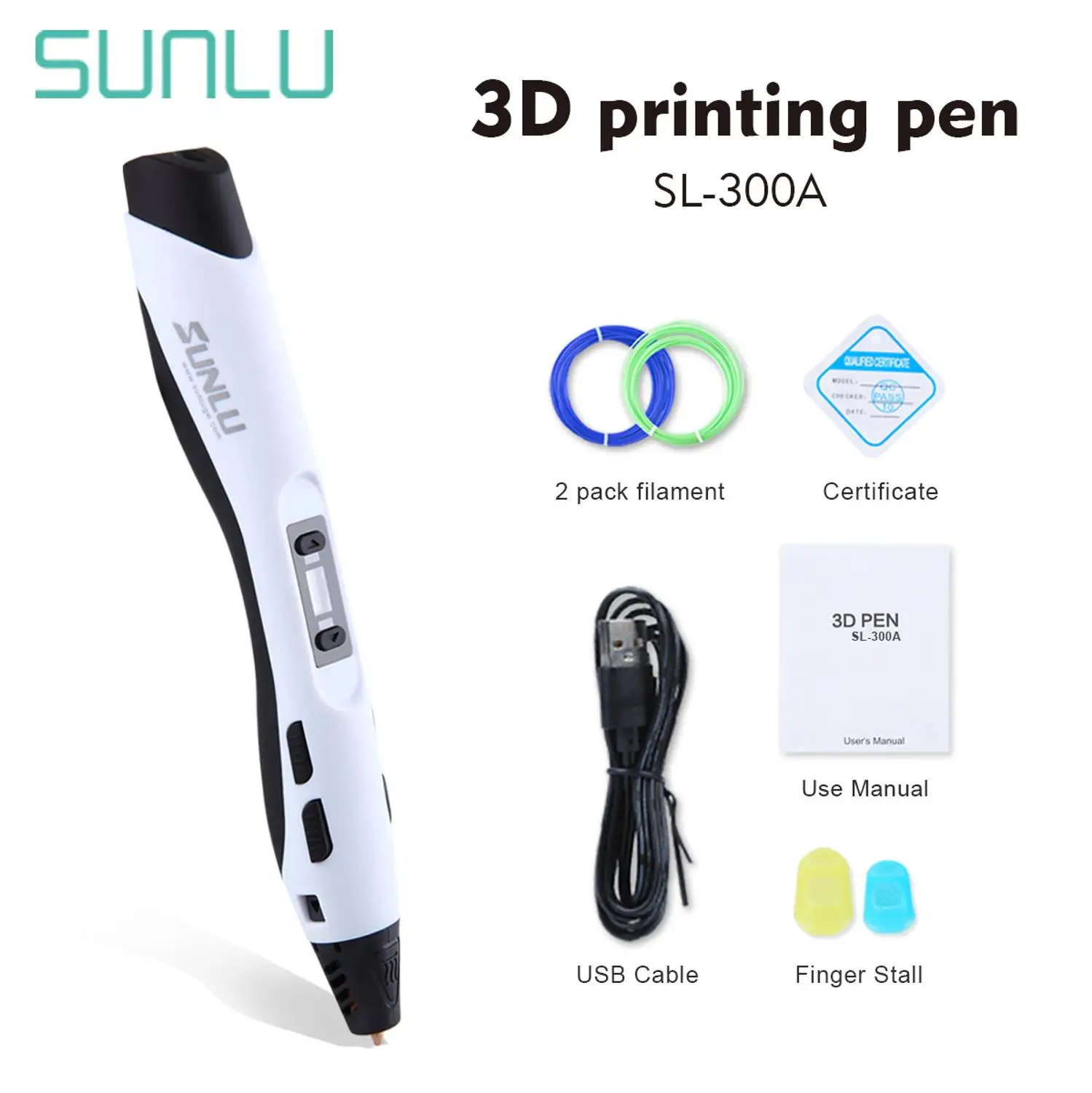SUNLU 3D Ручка обучающая Ручка 3D для детей 3D DIY игрушки с 1,75 мм PLA ABS PCL нити с ЖК-экраном Поддержка портативного питания - Цвет: SL-300A-White