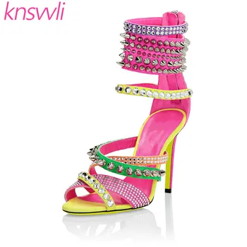

Sexy High Heels Gladiator Sandals Women Rivets Suede Summer Party Shoes Woman Rhinestone Ankle Strap Stiletto Sandals Woman