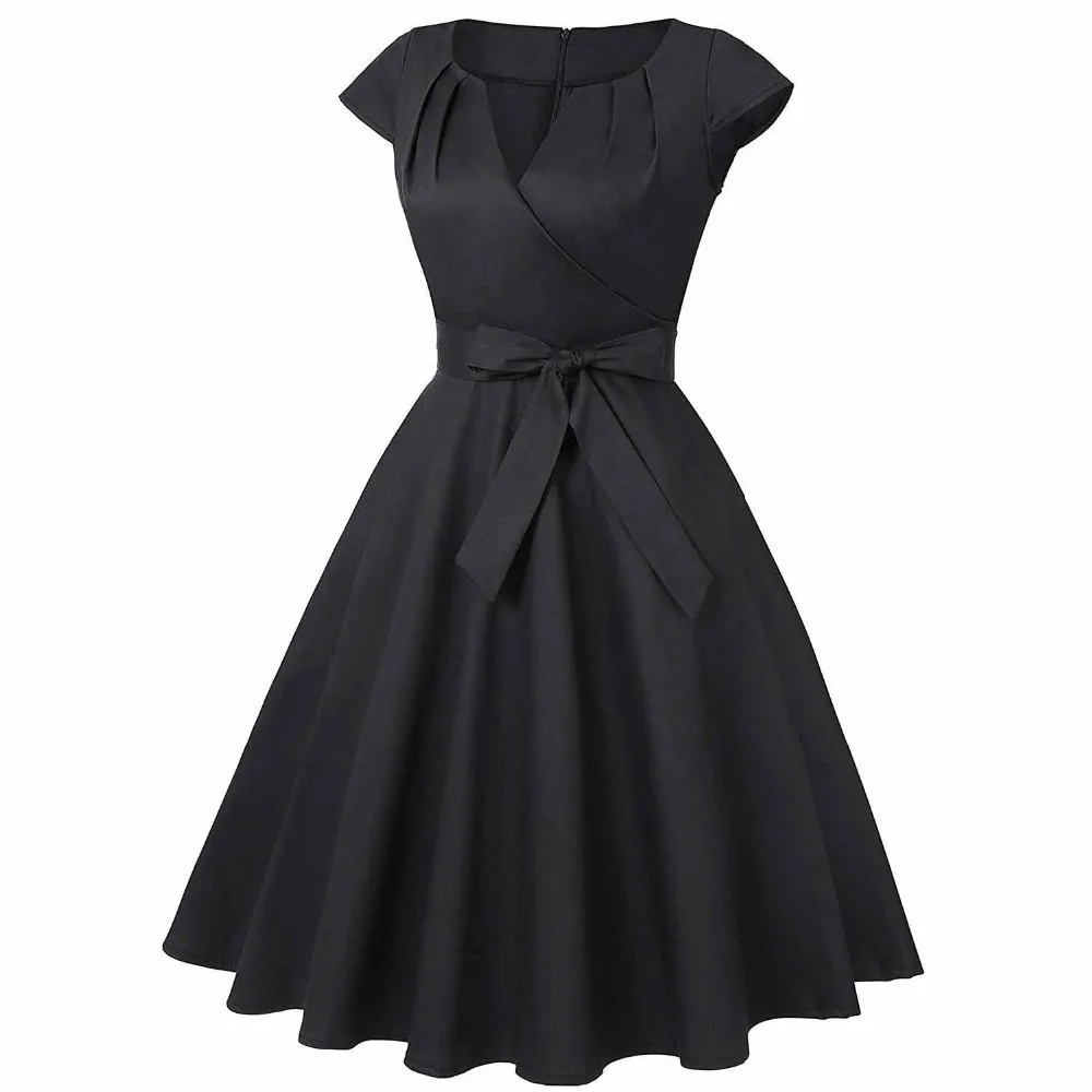 Navy Blue Black Audrey Hepburn Dress V Neck Cotton Short Sleeve 50s 60s 1950s Retro Vintage Big Swing Pinup Rockabilly Dresses