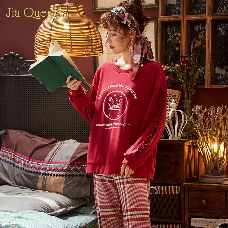 Spring  Student Homesuit Sleepwear Pajamas Set for Women Print Top Plaid Pants Puff Sleeve Korean Girl Plus Size Loose Pajamas