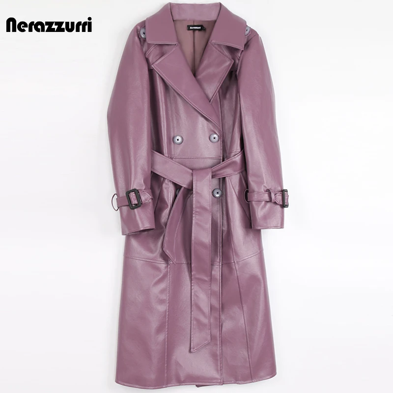 

Nerazzurri Autumn Purple Black Long Leather Trench Coat for Women 2022 Long Sleeve Belt Double Breasted Elegant Fashion 6xl 7xl