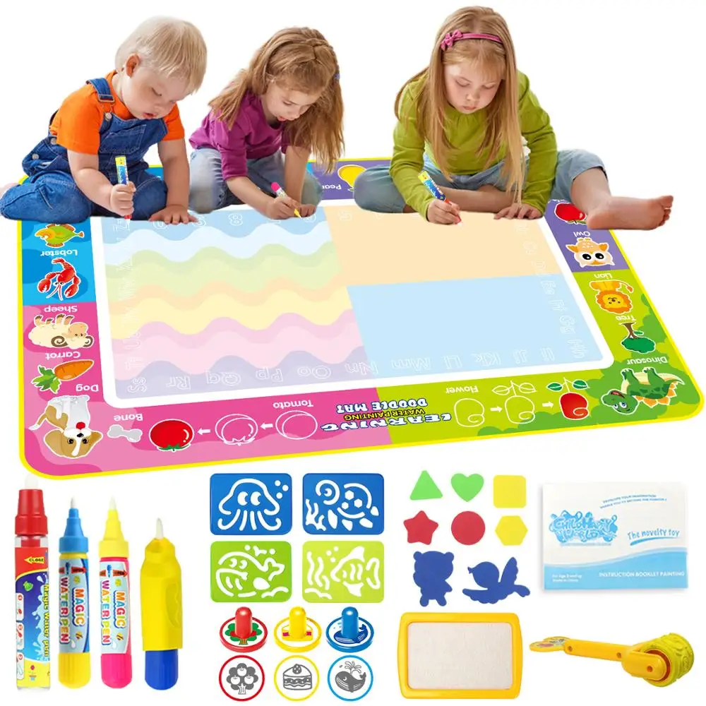 

150 X 100cm Cartoon Design Water Magic Doodle Mat with 4 Pens & Stamp Set Painting Board Drawing Mat Art Educational Toy for Kid