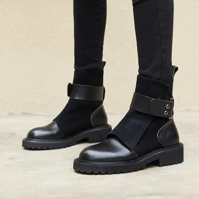 

Quality Real Leather British Style Boots Women Med Heels Autumn Winter Buckle Straps European Leisure Boots Ladies