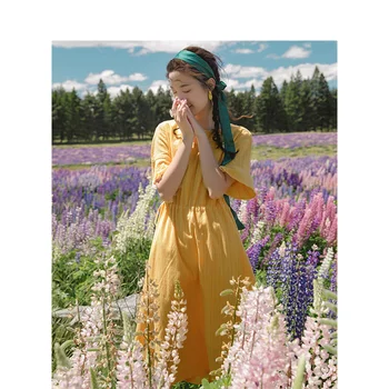 

INMAN 2020 Summer New Arrival Pure Cotton Round Collar Nipped Waist A-line Hemline Literary Dress