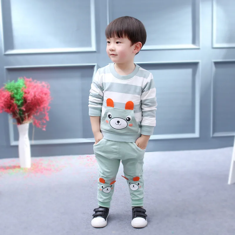 Одежда для маленьких мальчиков хлопковый теплый комплект из 2 предметов для маленьких мальчиков и девочек 0-2 лет, свитер с рисунком медведя одежда в полоску для малышей
