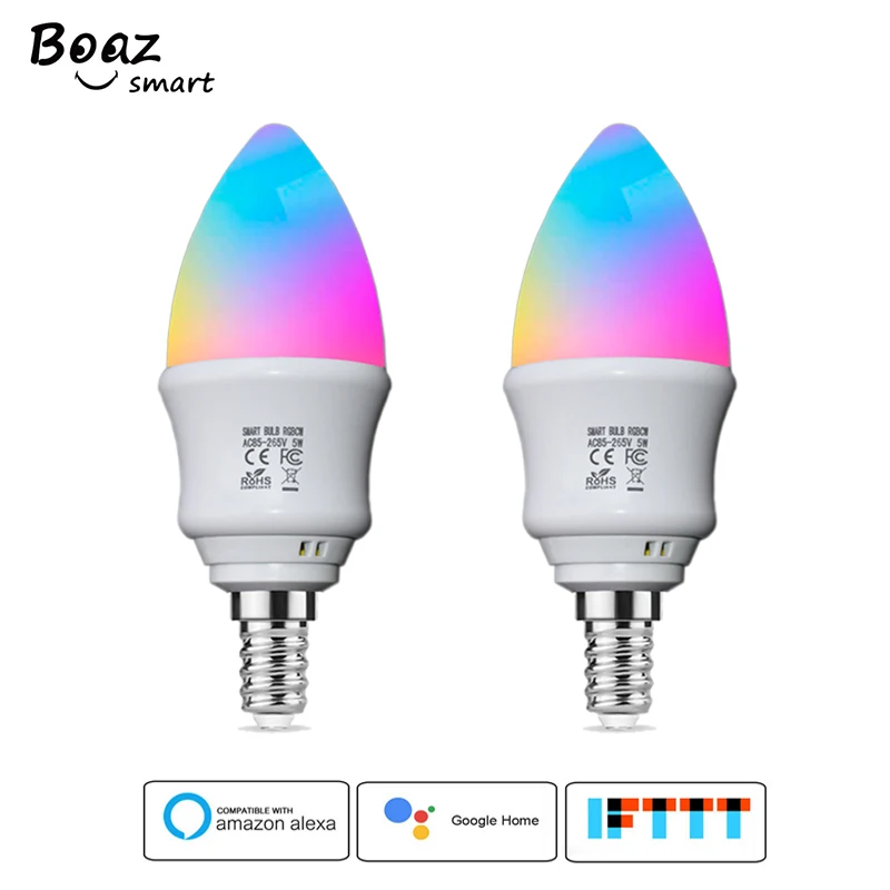

E12 WiFi LED Candle Bulbs Bedroom Smart Home Light RGBCW Warm/Cool white 5W Led Smart Bulb Voice control Alexa Google Home 2 pcs