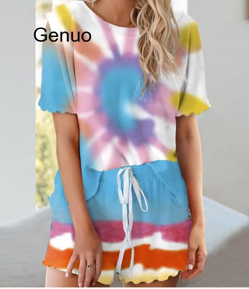 Women Casual 2 Piece Set Ruched Short Sleeve T-shirt And Shorts Tie Dye Lounge Wear Two Pieces Matching Set Homesuit Nightgown