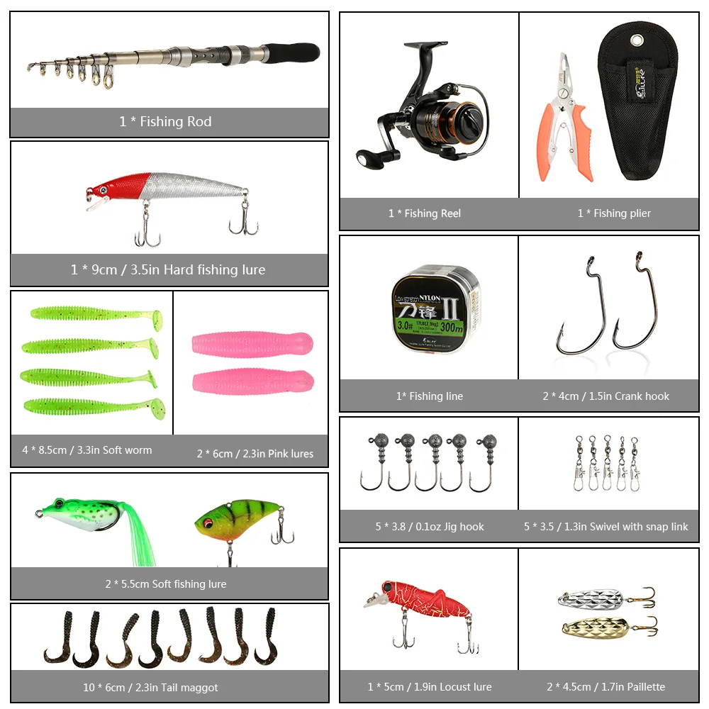 

Hot New ilure Spinning Reel Telescopic Rod Full kit Fishing Lure Set with Soft Worm Hard Lure Grip Jig Hooks Crank Hook Bag for