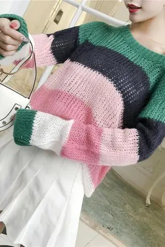 

Fall women 2019 Rainbow Sweater Stripe assorted colors Knitted Pullover Sweater O-Neck Long Sleeve Sweater Streetwear