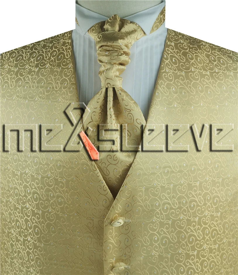 

free shipping wedding man's gold swirl with silver lurex dot waistcoat (vest+cravat+cufflinks+handkerchief)