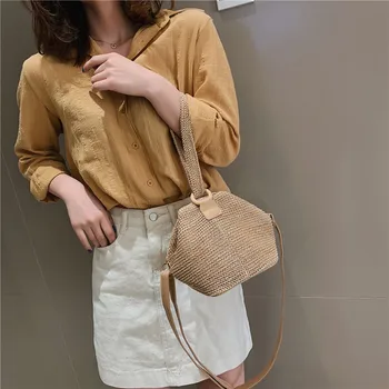 

Brand Straw Bags for Women Beach Bag Personality Crossbody Lock Handbag Lady Vintage Handmade Knit Fashion Shoulder Bags