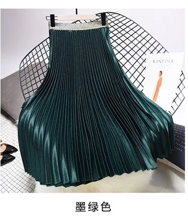 dark green Весенние блестящие трапециевидные Плиссированные Длинные юбки макси с драпировкой, однотонные атласные длинные плиссированные юбки до щиколотки, розовые, синие, бордовые - Цвет: dark green
