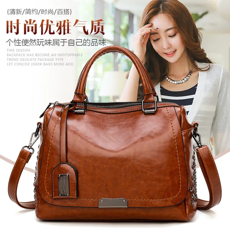 

2018 New Style Korean-style Rivet WOMEN'S Bag Large Capacity Hand Shoulder Oblique Bag Oil Skin Boston Bag