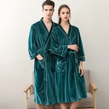 

Robe Sleepwear Velour For Couple Kimono Bathrobe Gown Knee-length Sexy Loose Warm Nightgown V-neck Long Sleeve Home Clothing