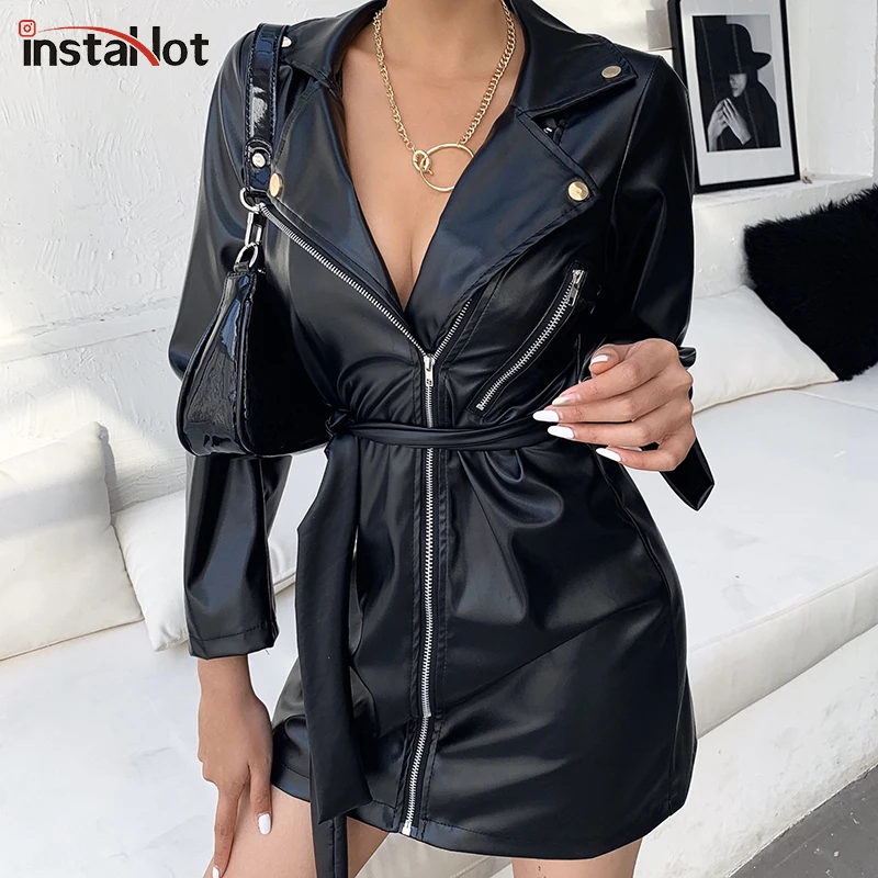 Женское платье на молнии InstaHot элегантное черное из искусственной кожи с длинным