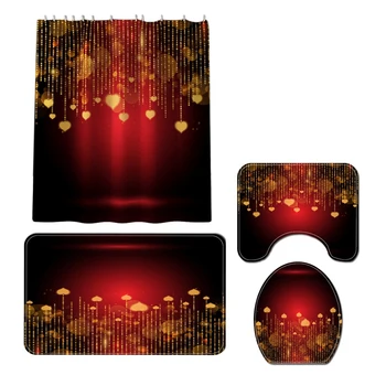 

Bathroom Set Waterproof Shower Curtain Toilet Cover Mat Non Slip Rug 4 Pcs