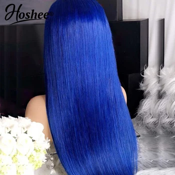 

Blue Color Straight Transparent Lace Front Wig Preplucked Brazilian Remy Lace Front Human Hair Wigs For Black Women 180% Density