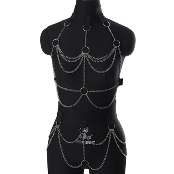 

Full Body Harness Lingerie Set Sexy Goth Metal Chain Cage Bra Fetish Chest Belt Underwear Strappy Adjust Plus Size Soft Tops