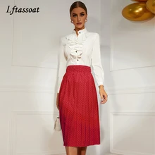 2021 Polyester Skirt New Women's Skirts Polka Dot Print Red Skirt High Waist Back Elastic Band Elegant Ladies Midi Long Skirt