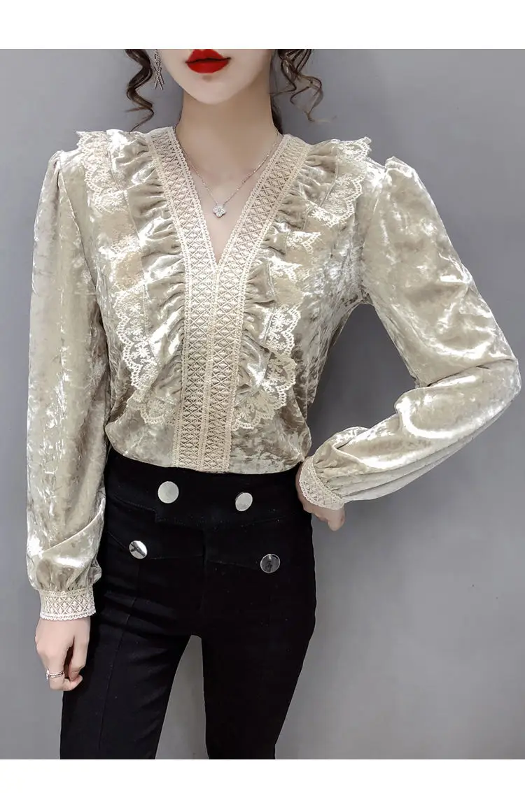 cute blouses Autumn Winter 2020 Lady Blouse Lace V-neck Ruffle Velvet Shirt Women's Loose Slim Joker Long Sleeve Tops Feminine Blusa plus size blouses