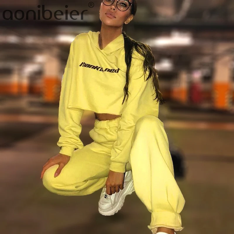 

Aonibeier Yellow Short Sweatshirt and Pants Women 2 Piece Set 2019 Autumn Winter Loose Crop Hoodies Sweatpants Sportswear Suit