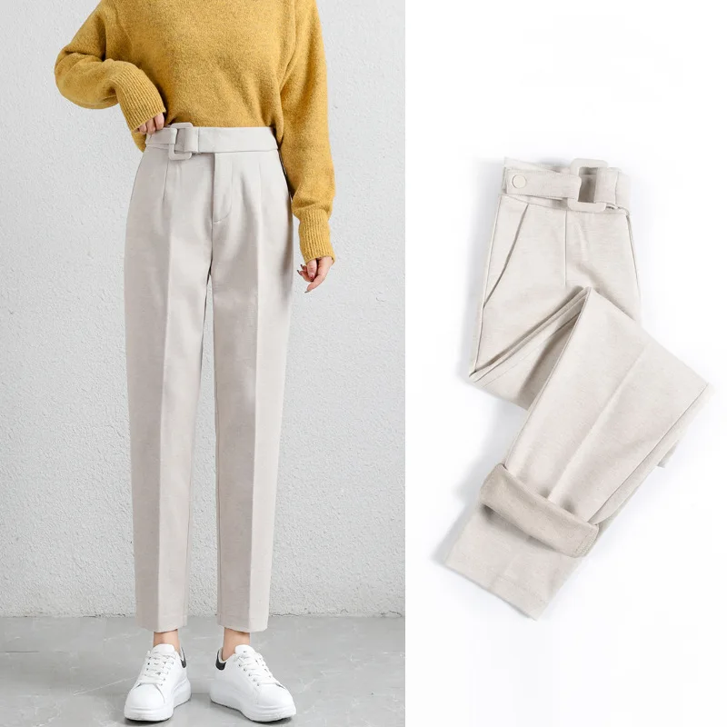 

Thick Warm Winter Wool Pants High Waist Women New Fashion Korean Solid Formal Elegant Trousers Female Ladies Suit Pants Belted