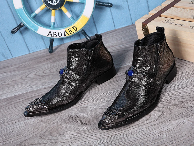 Зимняя обувь мужские ботинки из натуральной кожи мужские Ботильоны золотистого цвета с острым носком модельные туфли для ночного клуба Модные мотоботы